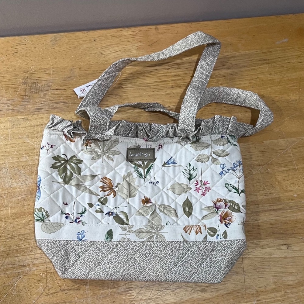 Vtg Longaberger Homestead Quilted Floral Botanical Ruffle Tote Bag Cream Green